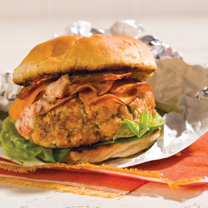 Air Fryer Salmon Burger With Sweet Potato Chips