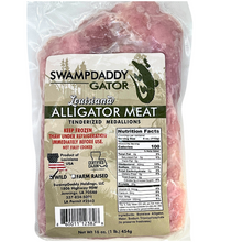 Packaged alligator meat with Swampdaddy Gator label on a white background