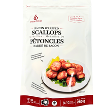 bacon wrapped scallops 260 grams medallions  8 to 10 pieces per package by clear ocean canadian bacon 