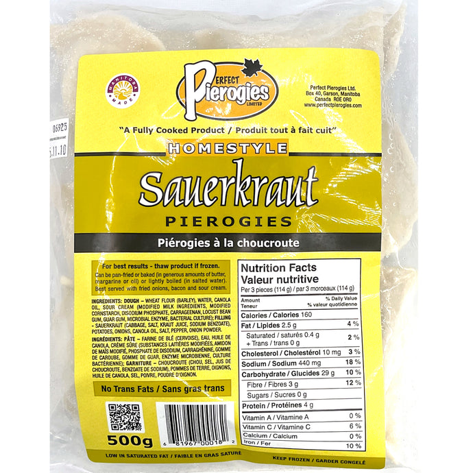 Perfect pierogies 500 grams frozen sauerkraut homestyle made in Manitoba 