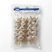 shrimp skewers 5 shrimp per skewer 454 grams frozen 41/50 size shrimp by maximum seafood pacific white shrimp peeled and deveined tail on raw