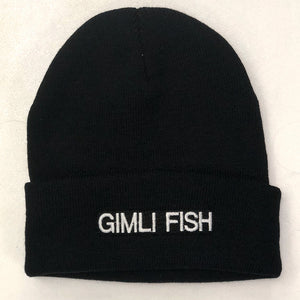 generic toque with Gimli Fish embroidered on the front black knit & white letters adult size one size fits all