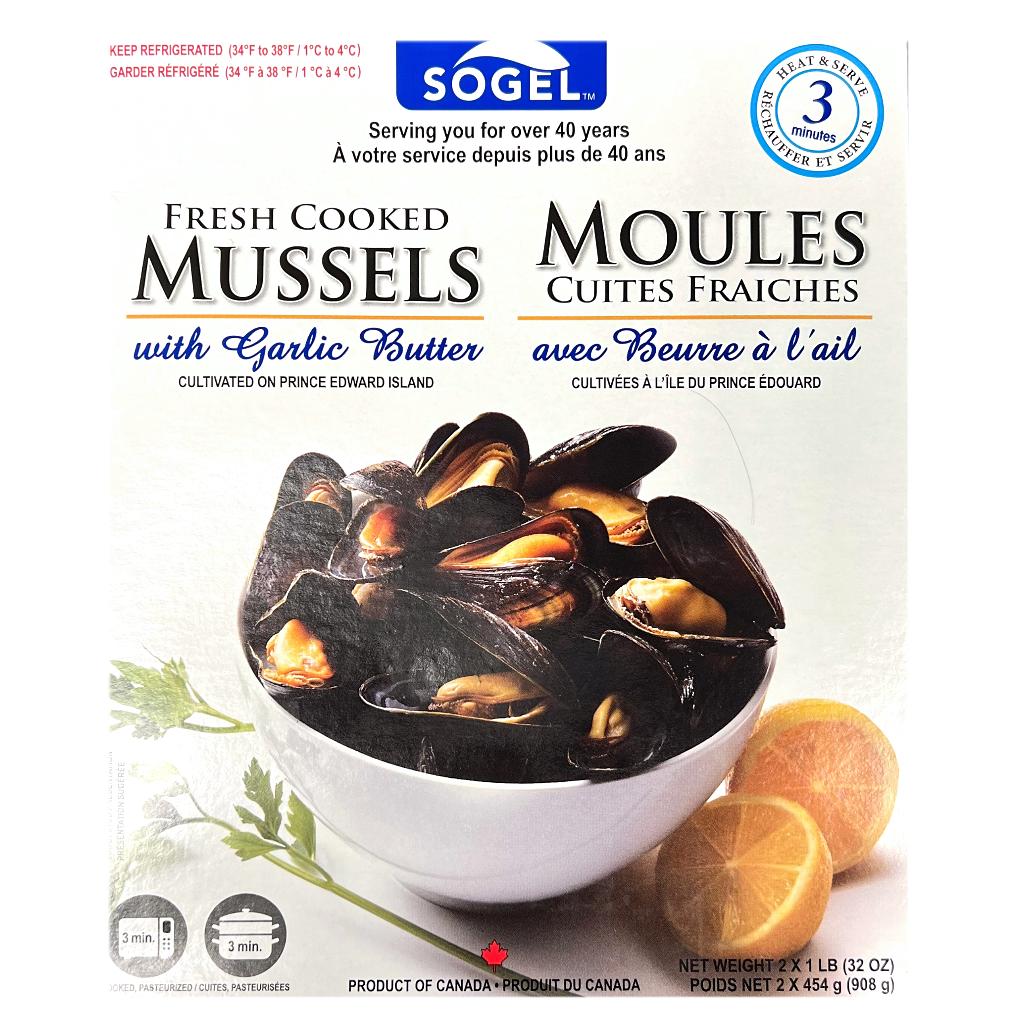 fresh cooked garlic butter mussels by sogel 908 grams pei heat and serve can be frozen 2 bags included