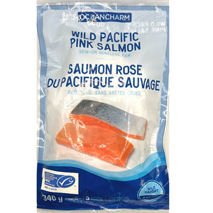 wild pacific pink salmon skin on boneless raw frozen 340 grams centre cuts